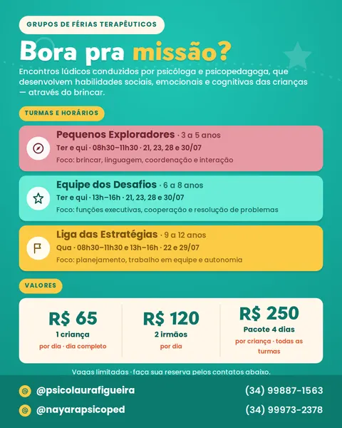 Arte: resumo geral dos Grupos de Férias Terapêuticos, com turmas, horários e valores